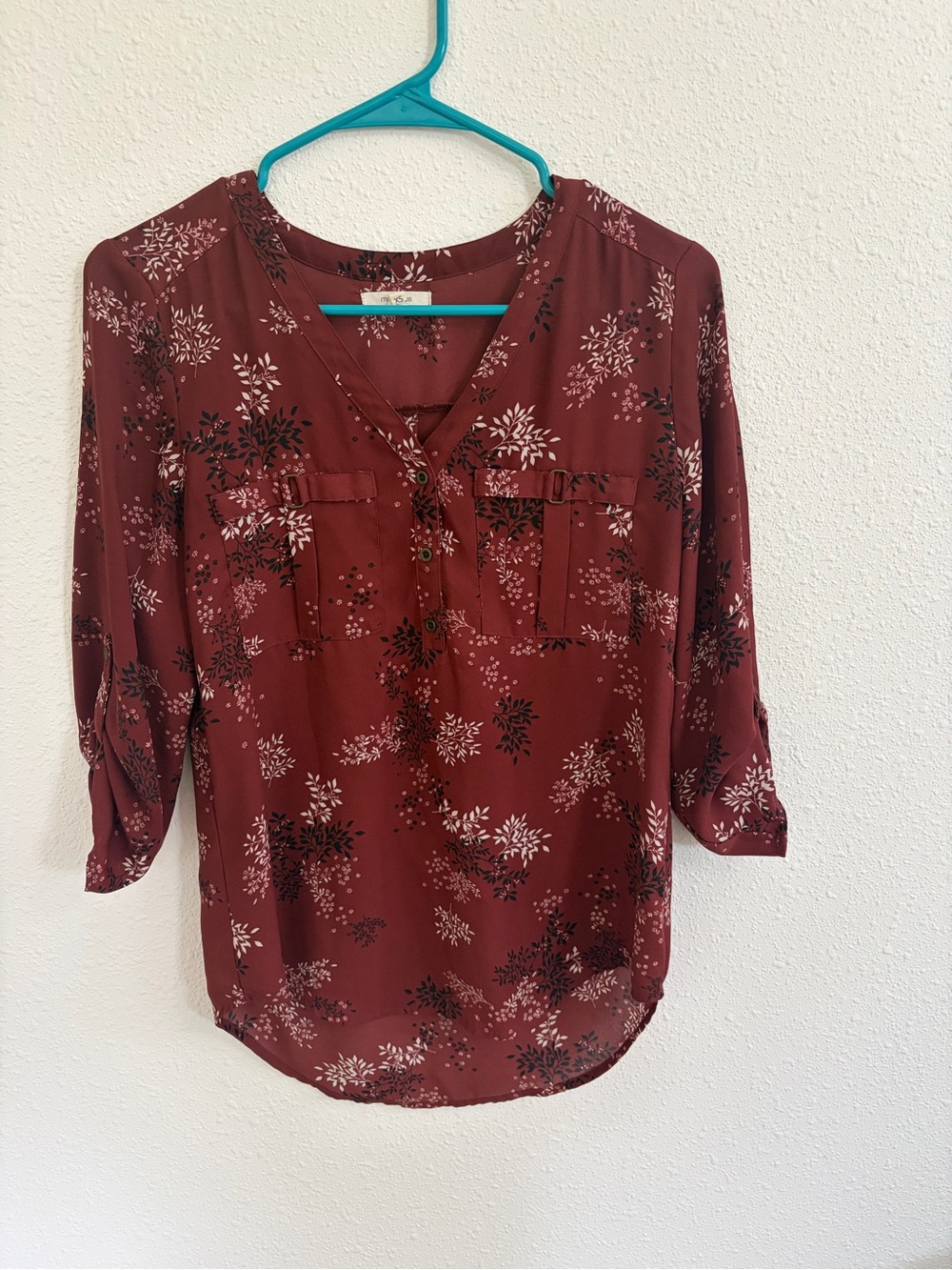 Maurices Burgundy Floral V-Neck Roll-Tab Blouse